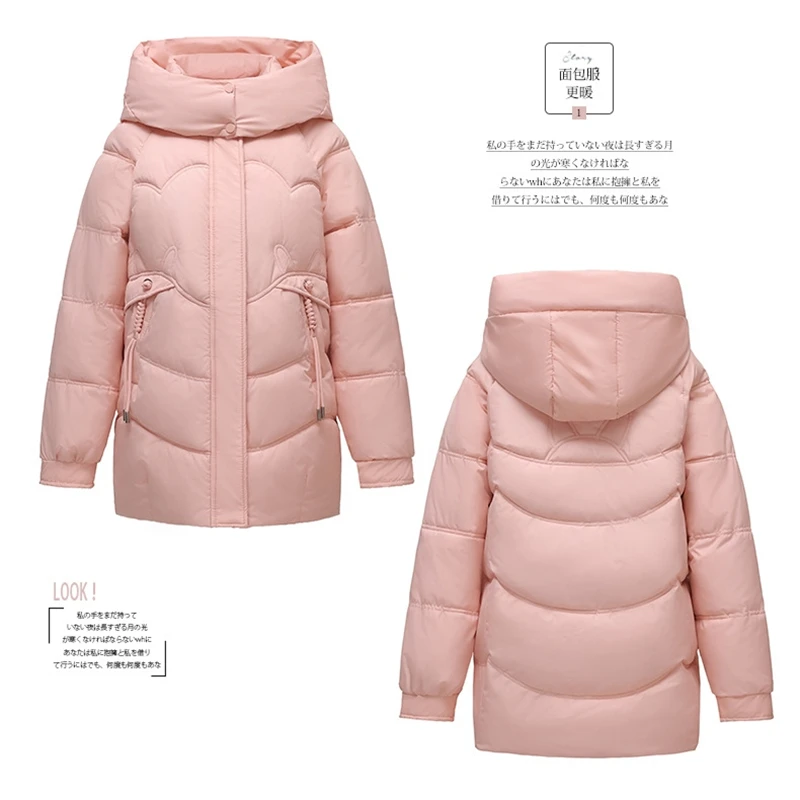 신상 여성 겨울 면 패딩 재킷 중간 길이 파카 긴 소매 후드 두꺼운 따뜻한 루즈 캐주얼 소녀 핑크 아우터웨어 시크 디자인