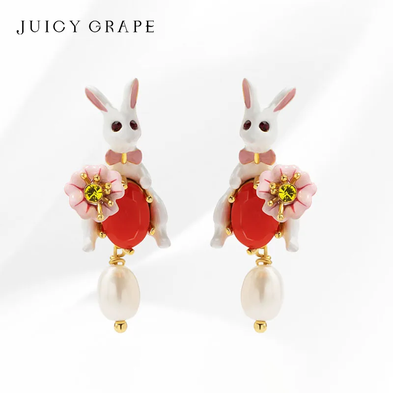 

Juicy Grape 925 Silver Needle Earrings For Women Enamel Rabbit Artifical Zircon Drop Earrings Fine Jewelry Fashion Party Gift