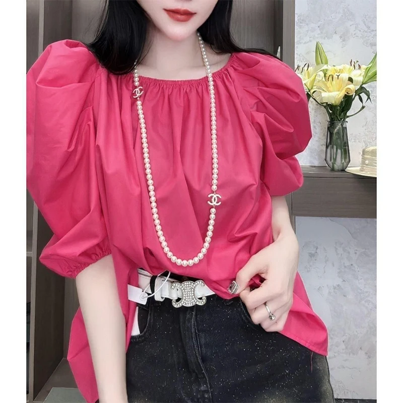 Summer New Round Neck Solid Color Loose Casual Shirt Female Puff Short Sleeve Sexy Fashion One Word Collar All-match Blouse Top