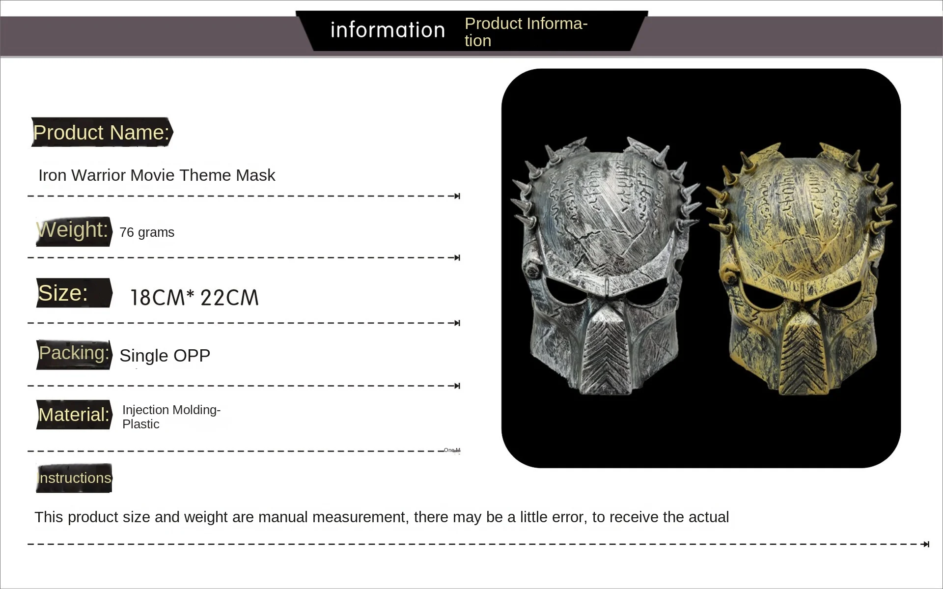 Alien Hunter Maske Predator Maske Lone Wolf Maske Rivet Snap Iron Mask Predator Cosplay Masque Gold Alien Iron Blood Warrior Maske – Detail 1