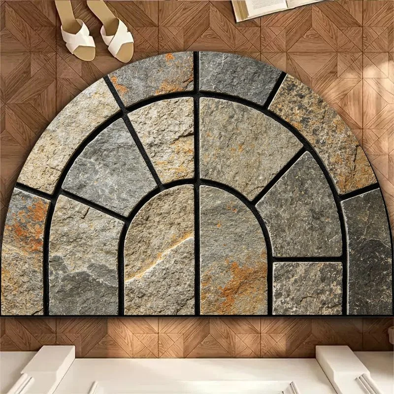 VIKAMA Faux Stone Brick Semi-Circle Mat, Rustic Cobblestone Non-slip Bathroom Rug