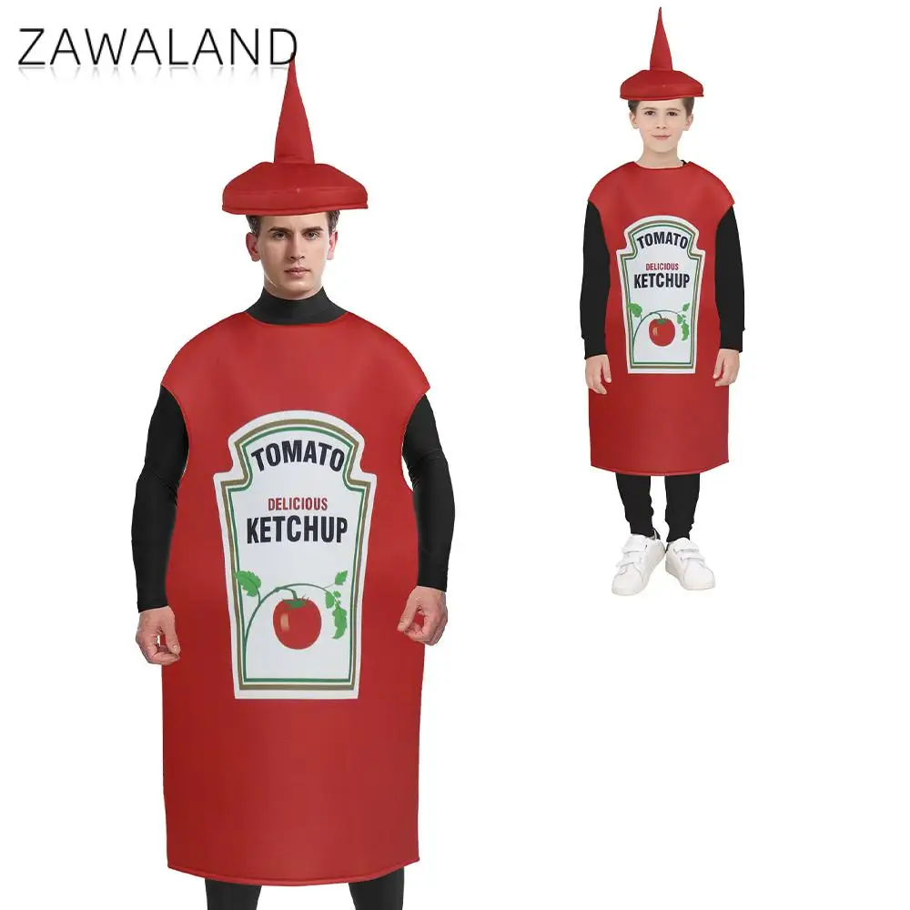 Ketchup Cosplay Costume Couples Family Matching Outfits Halloween Party Adult Girls Dress Up Red Tomato Sauce Sponge Costume