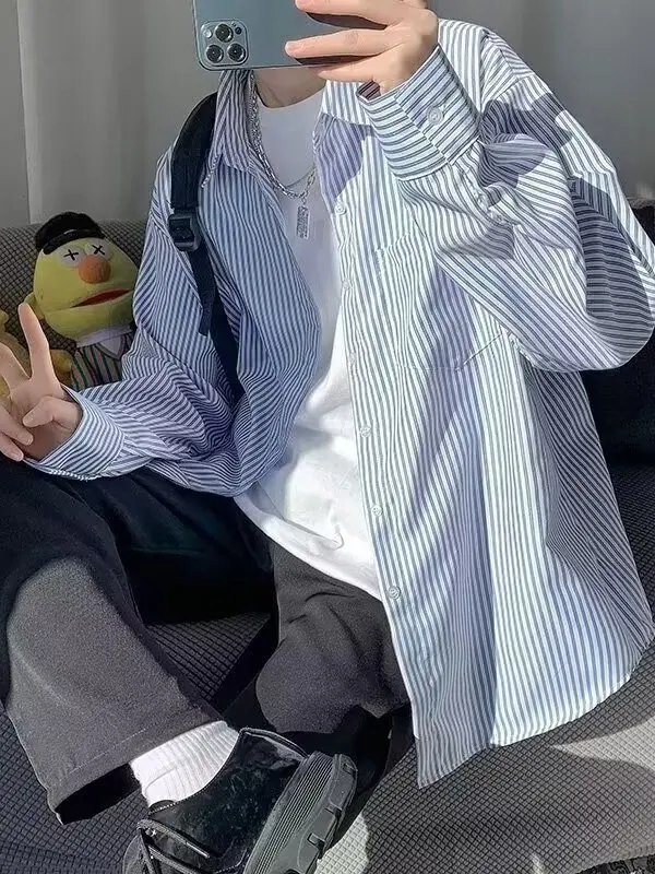 

Japanese Sle Blue White Stripes Long Sve Men's irt Casual Loose Fit Polyester Material Autumn New Arrival Ele