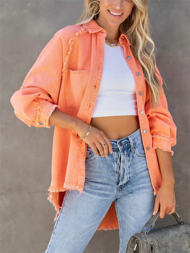 2022 Girls Sweet Pink Loose Shirt Jacket Woman Casual Soft Button Denim Shirts Ladies Chic Solid Pocket Jackets