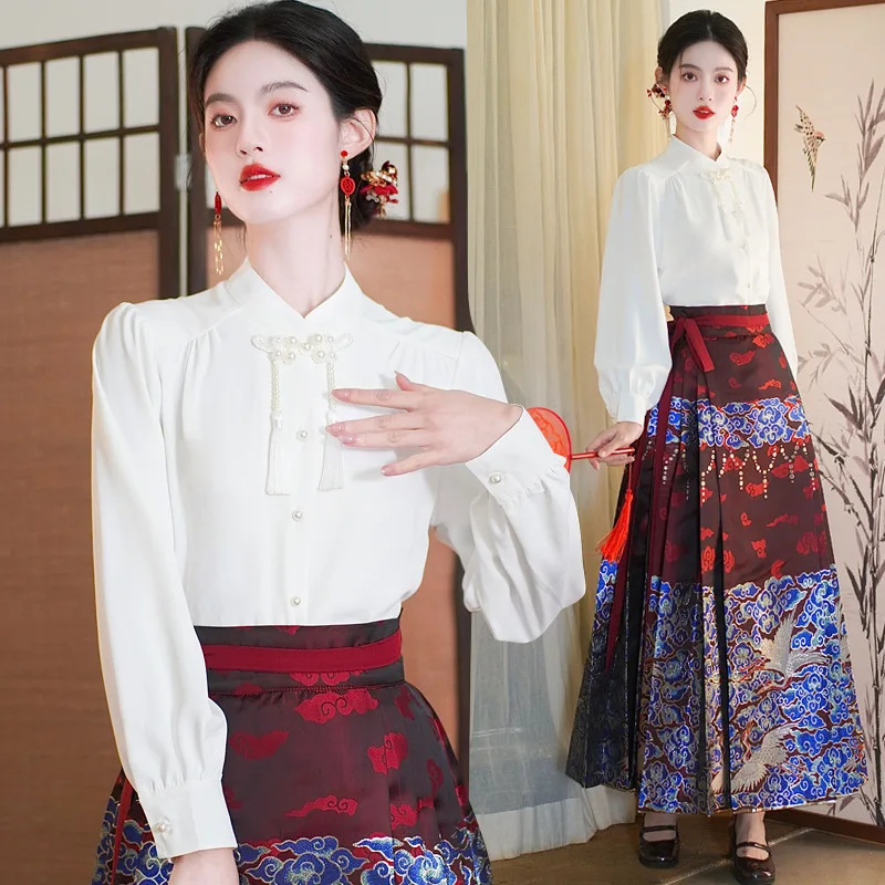 Ming Dynasty Hanfu Horse Face Skirt Women Spring Pleats Skirt Chinese Style Embroidery Weaving Red Blue Hanfu Skirt White Shirt