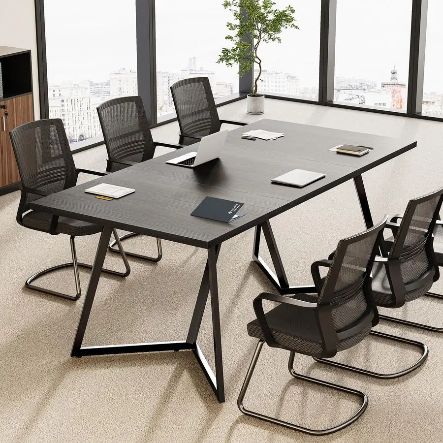 70.86Inch Conference Table for 8, Black Conference Room Table with Metal Base, Modern 5.9 ft Rectangular Table for Boardroom, Me