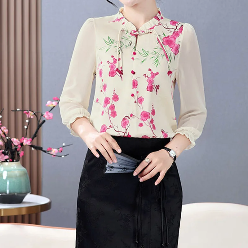 New Summer Elegant Fashion Loose Casual Office Lady Retro Chinese Style Women\'s Shirt Print Lapels Long Sleeve Chic Tops
