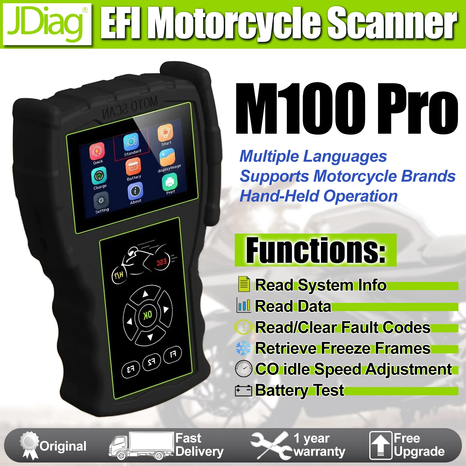 2026 JDiag M100 Pro Motorcycle Handheld Scanner Multilingual Universal Code Reader Motorbike Diagnostic Tool Battery Tester