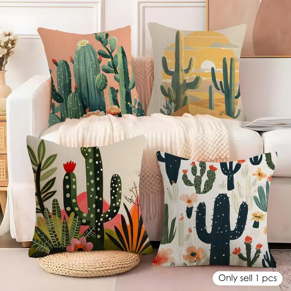 Retro Cactus Cushion Cover Natural Linen Organic Fabric Double-Sided Printing Sofa Home Decor Gift Pillow Cover