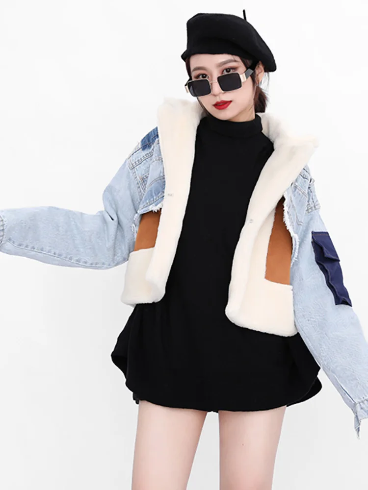 DEAT 2024 Autumn sheep fur turn-down collar full sleeves denim blue patchwork spliced clothes letters printed coat trench WJ1020