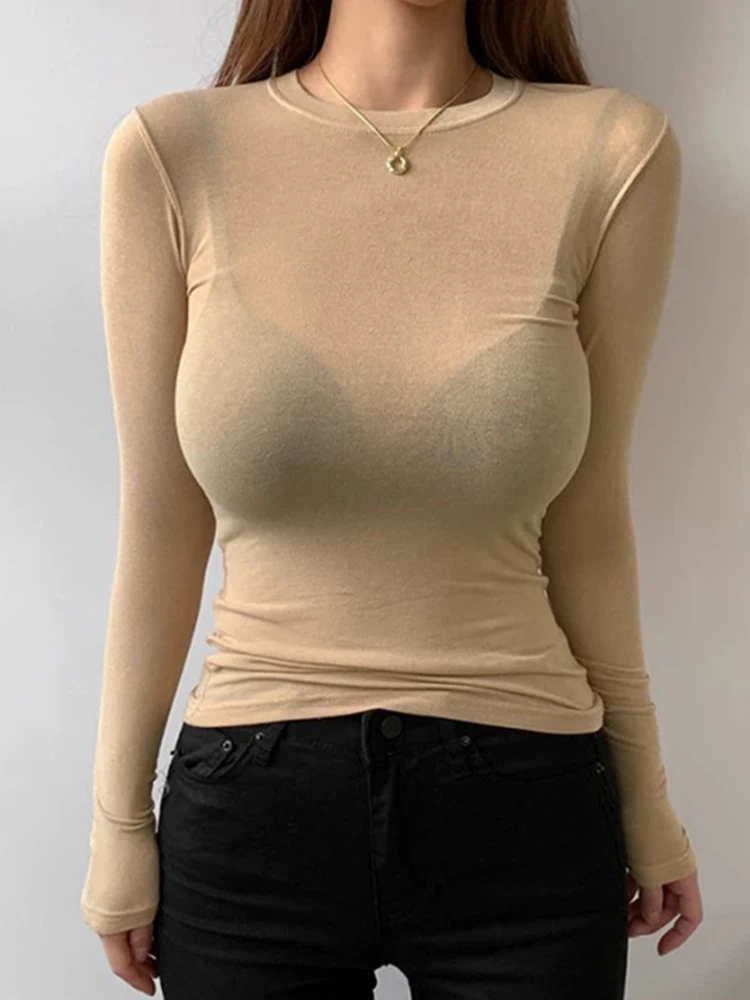 T-Shirt Koreański Styl Slim T-shirty Seksowne Tshirty Bawełniane Letnie Topy z Długim Rękawem Miękka Cienka Przezroczysta Koszulka Femme Biała