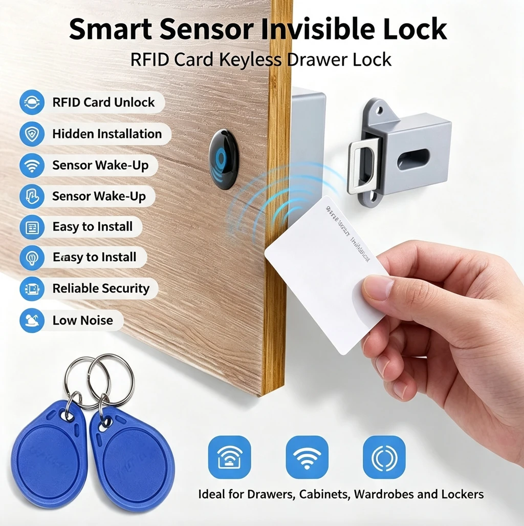 DIXSG No-Drill Smart Invisible Lock RFID Card Induction Digital Lock | Hidden Mount for Furniture Cabinet Wardrobe