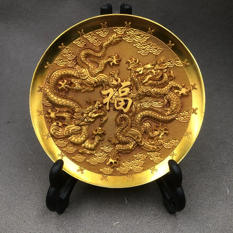 

Miscellaneous Double Dish Plate, Coaster Heat Insulation Pad, Gilt Double Dragon Home Ornament with Bracket