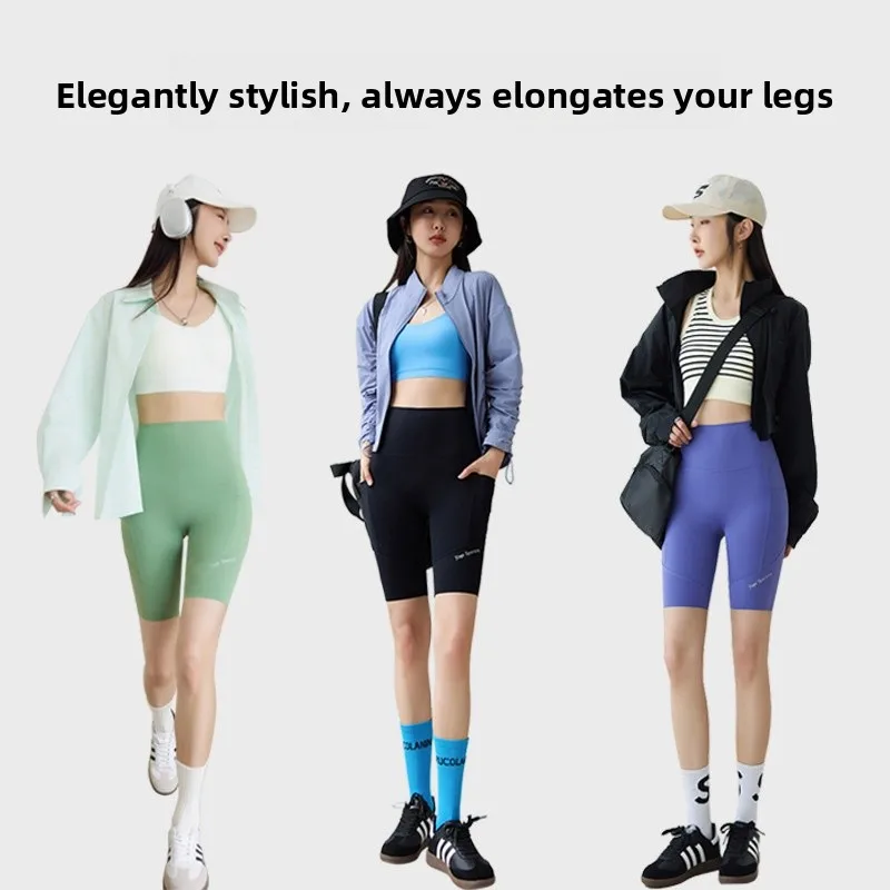 صيف 2024 ملابس ركوب الدراجات النسائية عالية الخصر مزيج النايلون خمسة بوصة طبقة قاعدة orts مع كيتس مزدوجة الجوانب