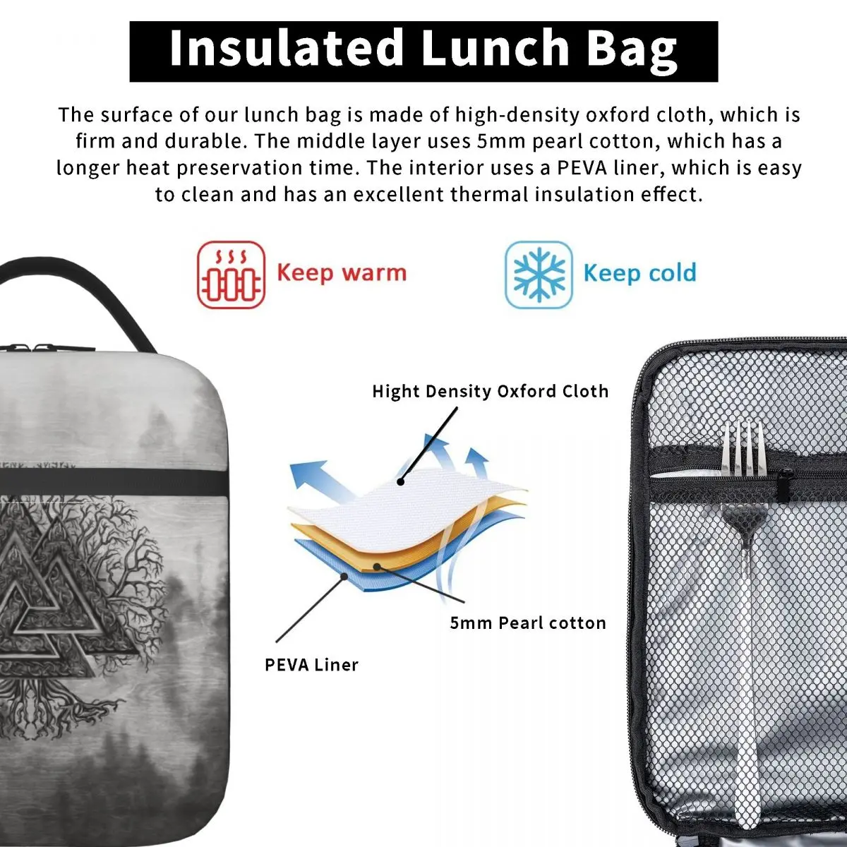 Valknut e Árvore da Vida Yggdrasil Sacola de almoço isolada para mulheres, refrigerador reutilizável, comida térmica, lancheira escolar, viking nórdico