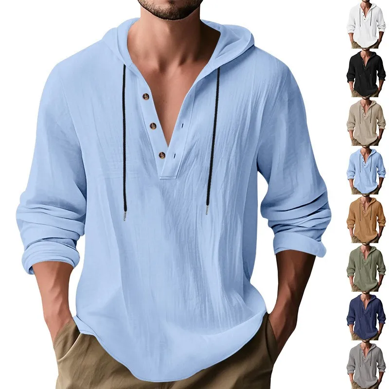 

Loose Fit Henley Linen Button Front Henley Shirt Drawstring Hood Long Sleeve Henley Solid V Neck Casual Henley Men's Top