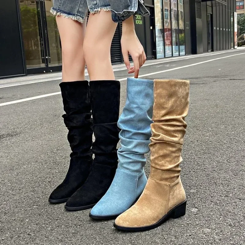 Shoes Female 2024 Fashion Sleeve Women's Boots Autumn Pointed Toe Denim Solid High Tube Chunky Heels Large Size Western Boots