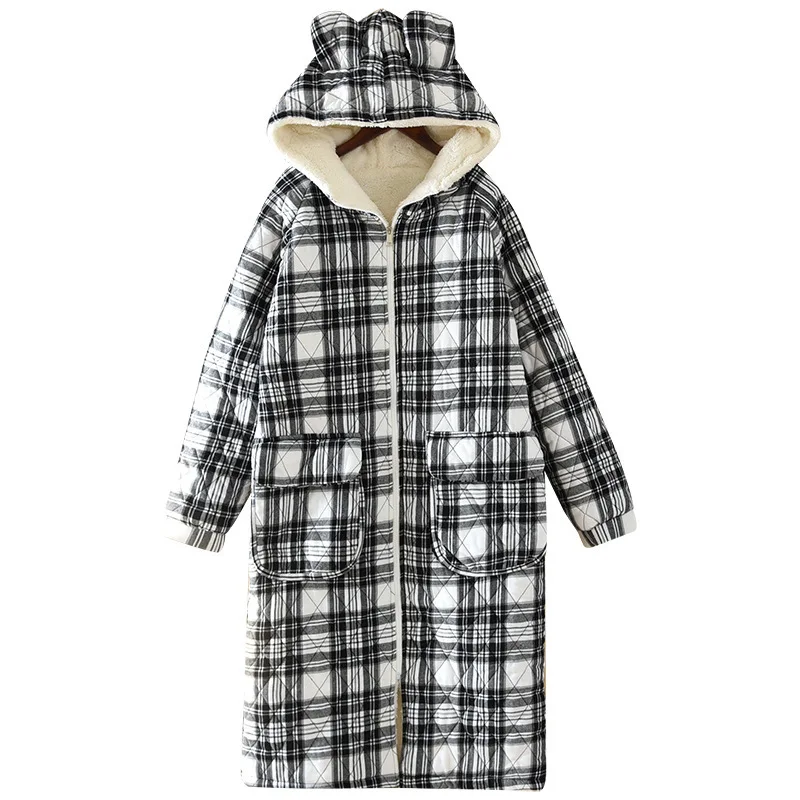 2 Layers Quilted Thick Robe Women Winter Plaid Hooded Kimono Sleepwear Nightgown Warm Long Morning Gown Bathrobe Soft Home Wear