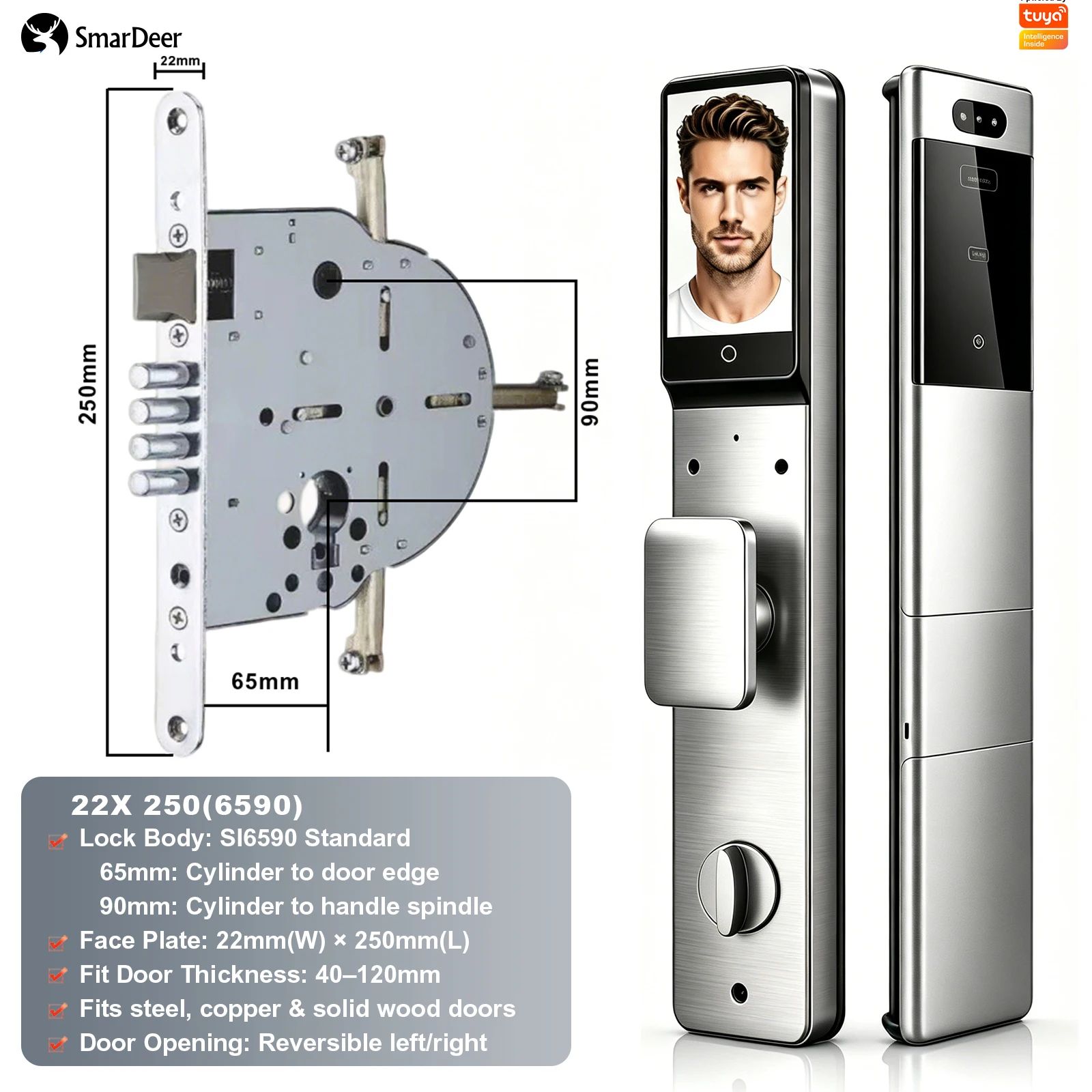 SmarDeer Smart Deurslot 3D Gezichts- en palmaderherkenning IP66 Waterdicht Ultradun elektronisch slot voor huisbeveiliging voordeur