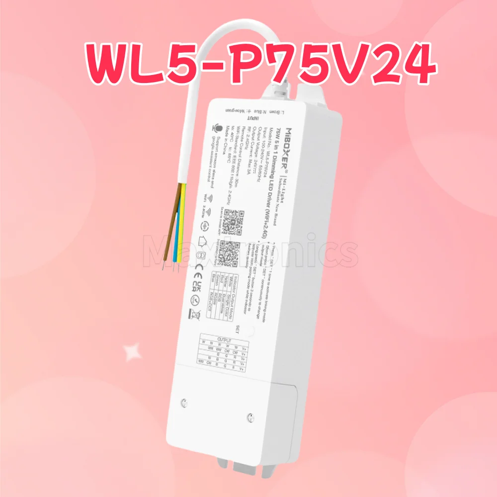 

MiBoxer 75 Вт WL5-P75V24 5в1 Tuya Smart 24 В Wi-Fi + диммер 2,4G Встроенный драйвер для одноцветной/двухцветной белой/RGB/RGBW/RGBCCT светодиодной ленты