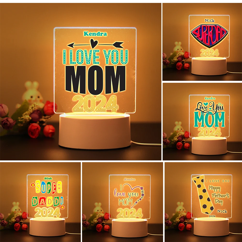 Personalizado 3D Acrílico Night Light com Nome Personalizado, Lâmpada para Casa, Pai e Mather, Dia de Ação de Graças, Presente de Aniversário,