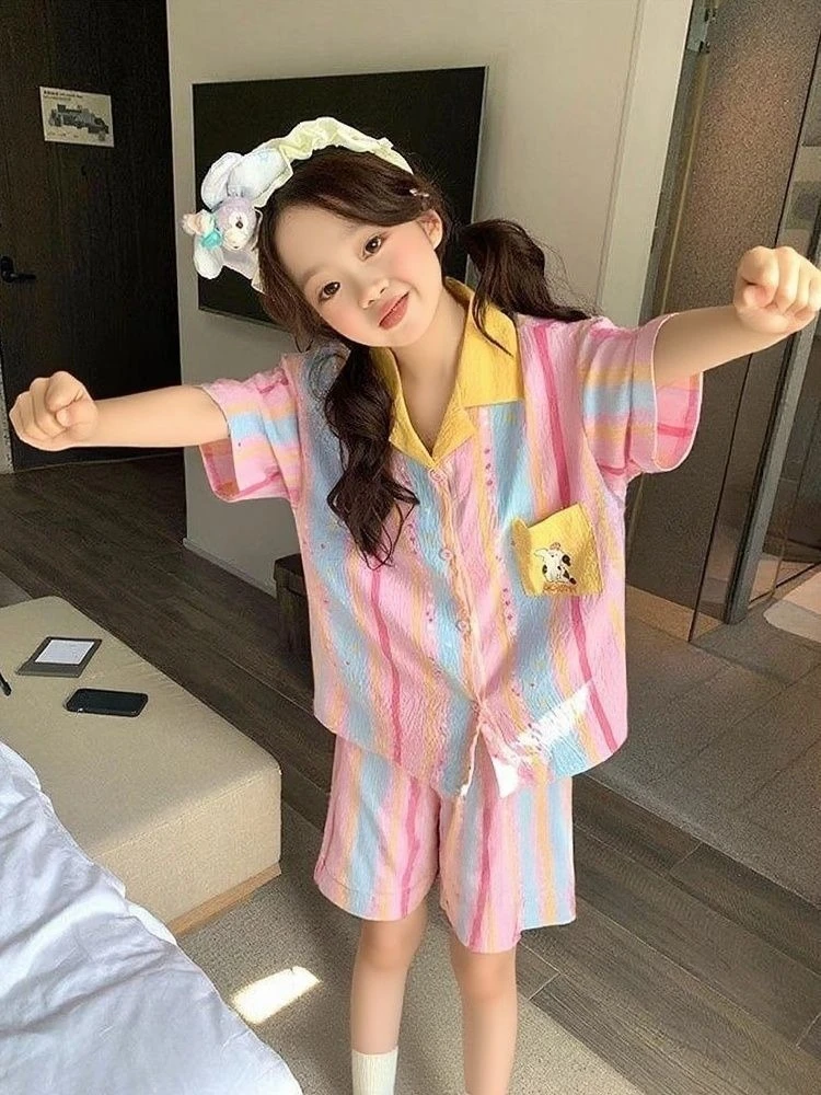 

New Girls Summer Pajamas Set Short Sleeve Loose Fit Colorful Cute Loungewear