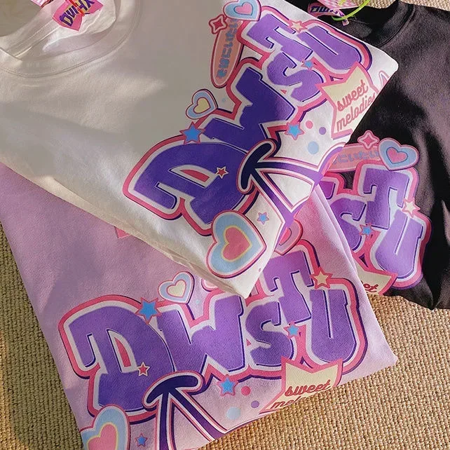 

Women T Shirt Cartoon Fruit Print Clothes Girls Casual Loose Harajuku Short Sleeve Female Tops Y2K Cute Oversized Tee