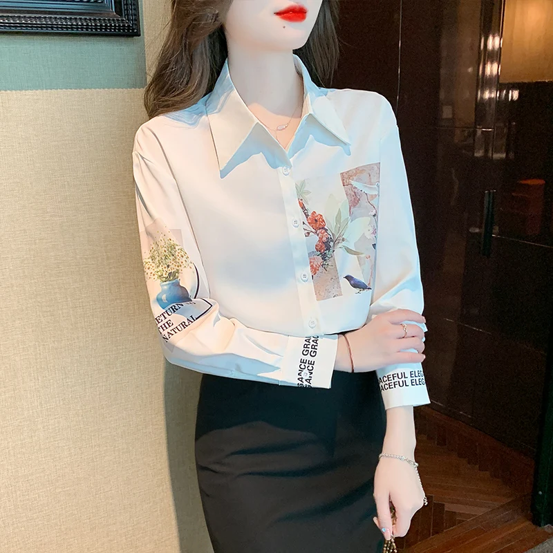 Chic Fashion Print Loose Long-sleeved Shirt Lapel 2024 Autumn New Elegant Chiffon Blouses Tops Camisas  Blusa Feminina