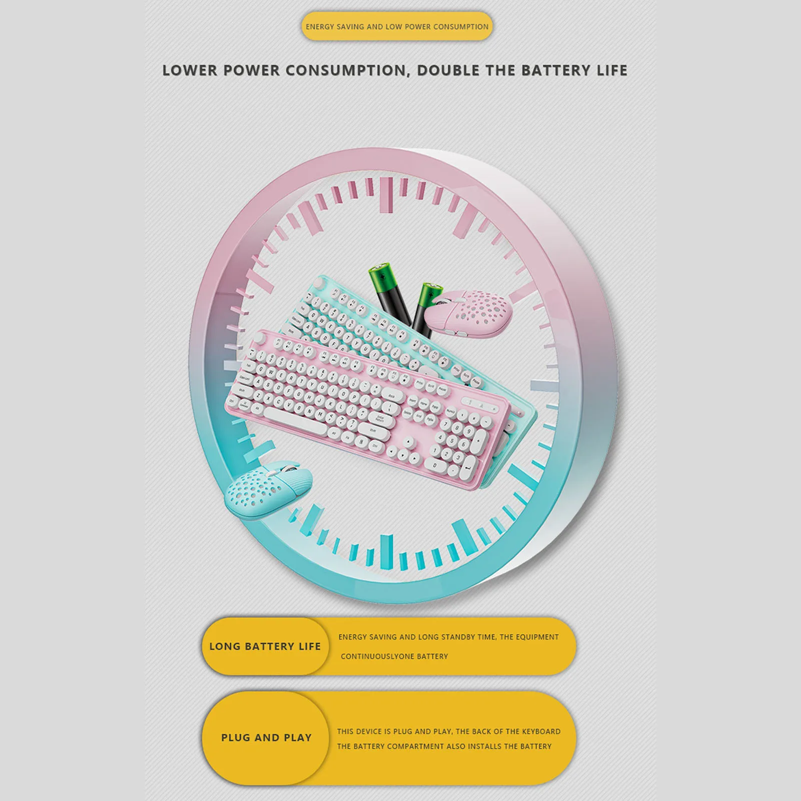 Wireless Keyboard and Mouse Combo 2.4G Wireless Numeric Keypad Pure Color Round Keycaps Easy To Use Wireless Mouse for Office