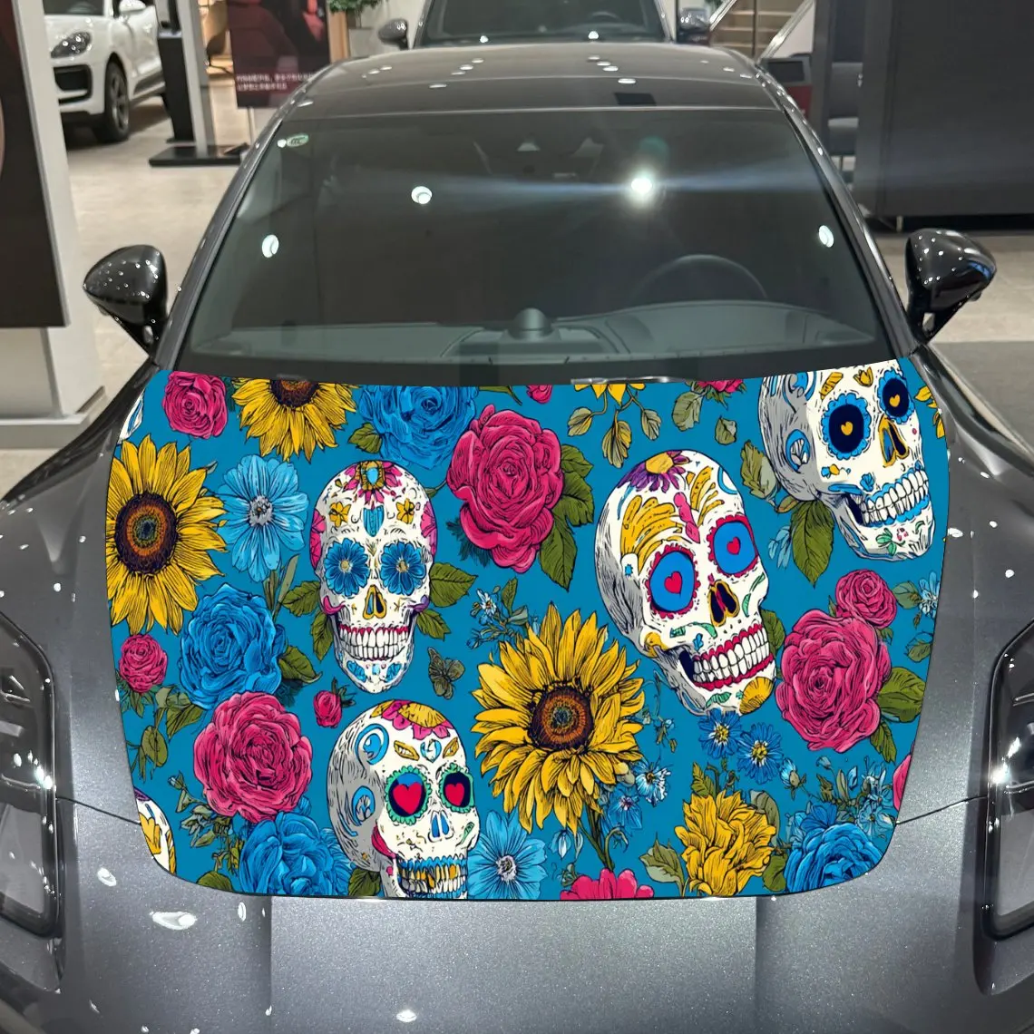 

Day of the Dead Floral Skull Fiesta Adventure PVC Car Engine Hood Vinyl Wraps, Self-Adhesive Waterproof Car Hood Decal Sticker,