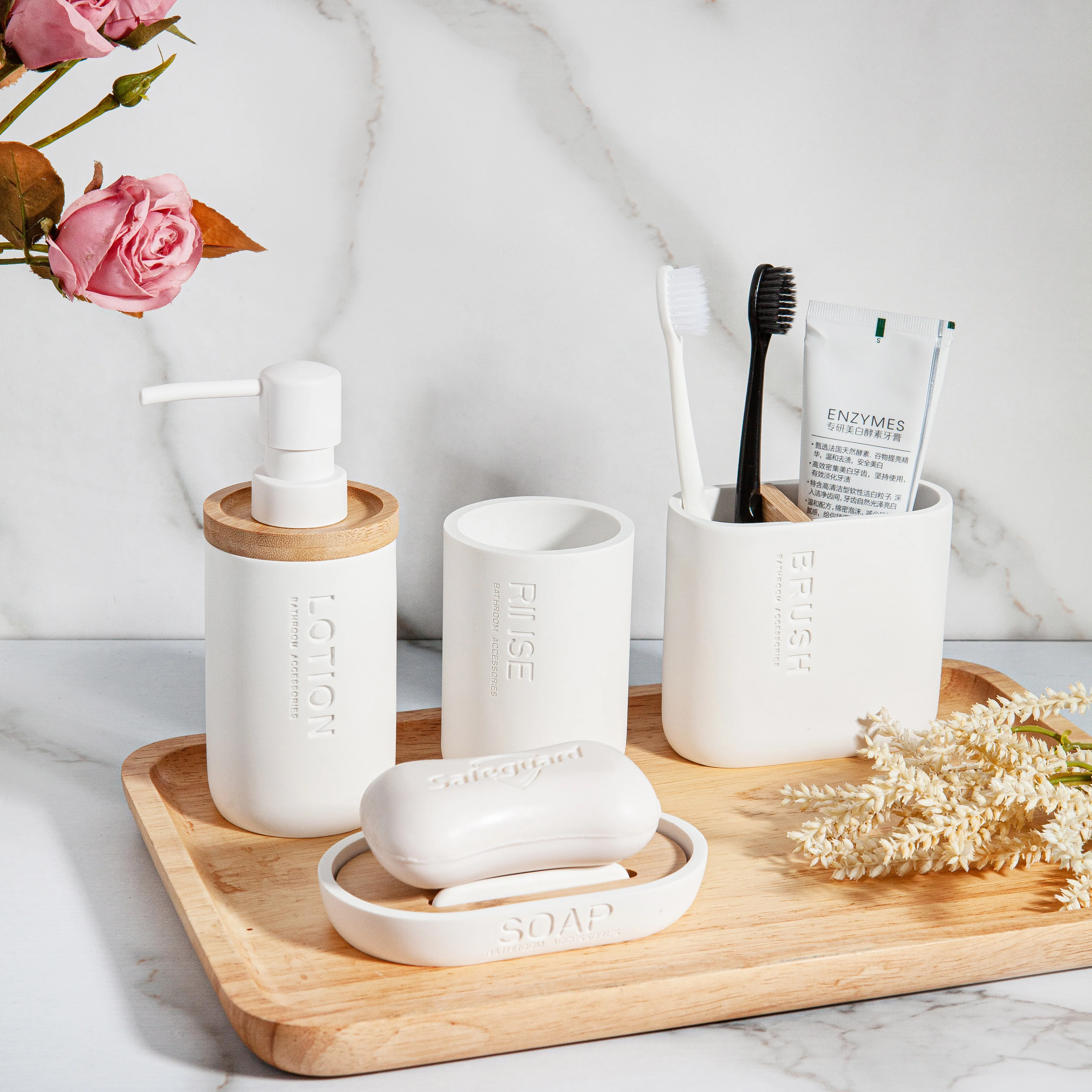 

White Simple Resin Bamboo Combination Bathroom Set Soap Dispenser Tumbler Toothbrush Holder SoapTray Bathroom Cleaning Set