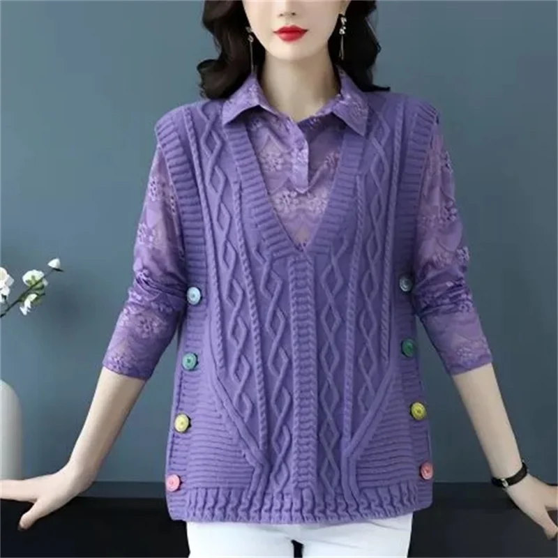 High End 2023 Autumn New Wool Sweater Women Fashion All-match Knit Vest Cardigan Lace Shirt Two-piece Sets Mother Sweater Vests