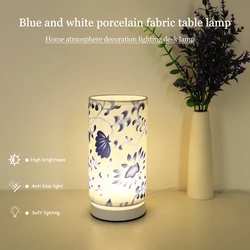 Modern fabric blue and white porcelain desk lamp, home warm lighting desk lamp suitable for bedrooms, study rooms