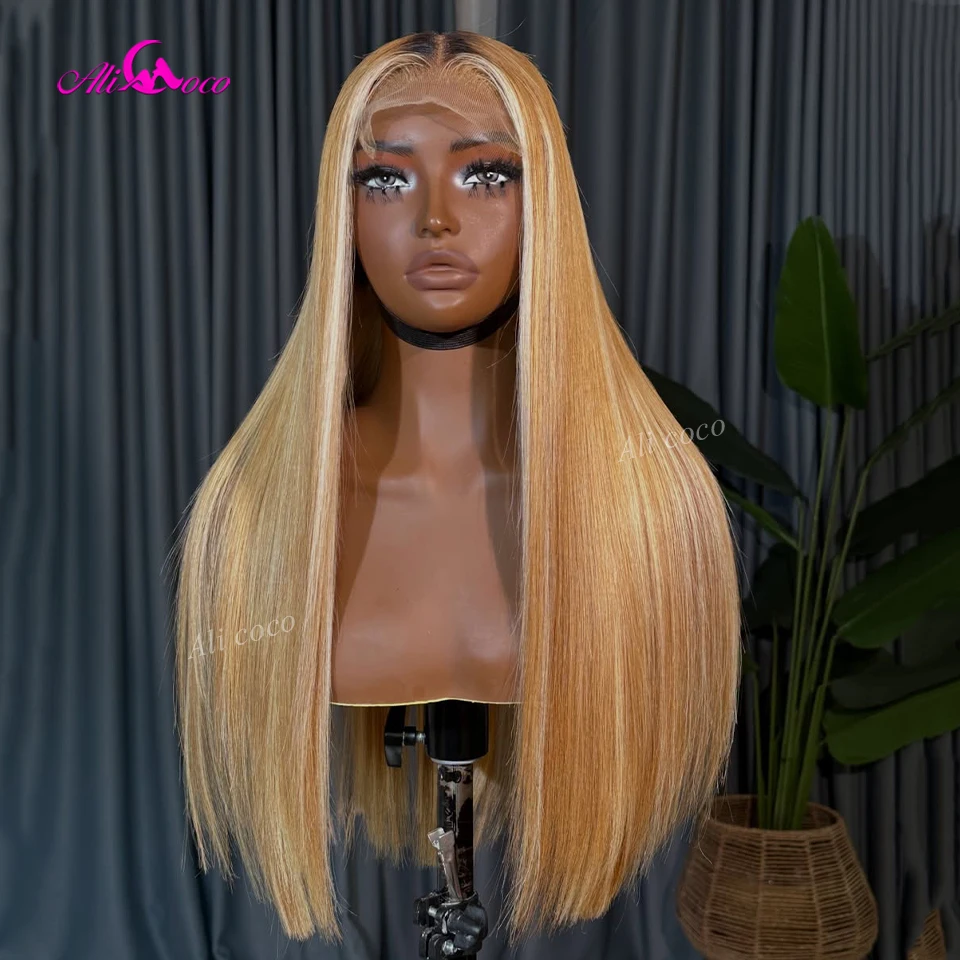 

Highlight 613 and Yellow Colored 13x6 Lace Front Wig Brazilian Human Hair Pre Plucked 180 Density wuth Dark Brown Root for Women