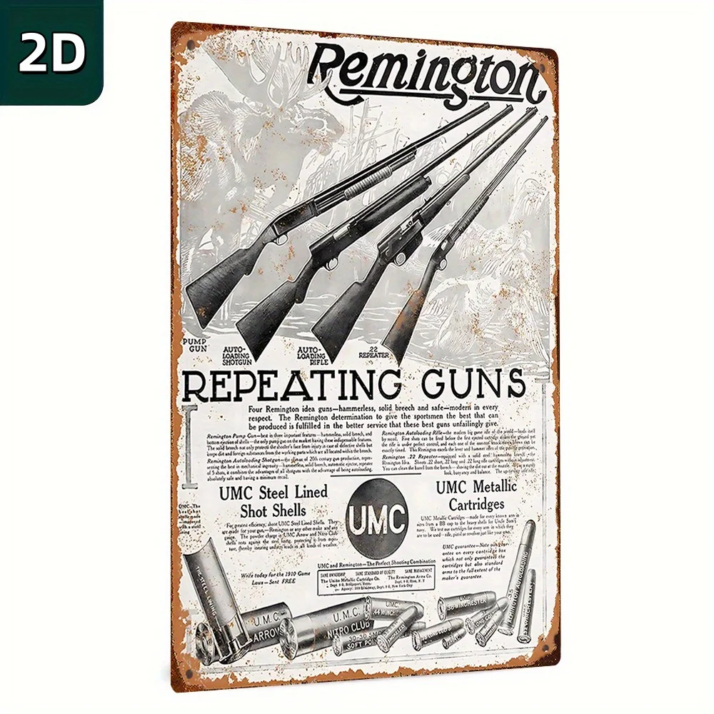 Letrero Decorativo de Pared de Metal con Diseño de Escopetas Remington Antiguas y Cartuchos UMC - Placa de Metal Rústica con Ilustraciones de Armas Antiguas, No E
