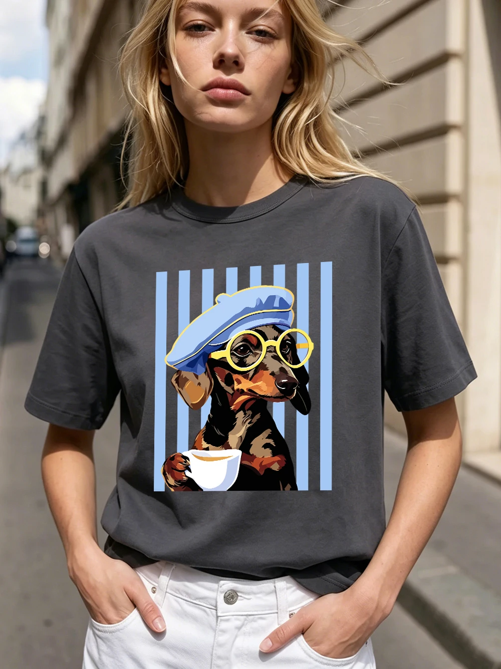 Dackel-Illustrationsdrucke T-Shirts Baumwolle Damen Sommer Oversize-Tops Weiches O-Ausschnitt Kurzarm-T-Shirt Basic Damenbekleidung – Detail 31
