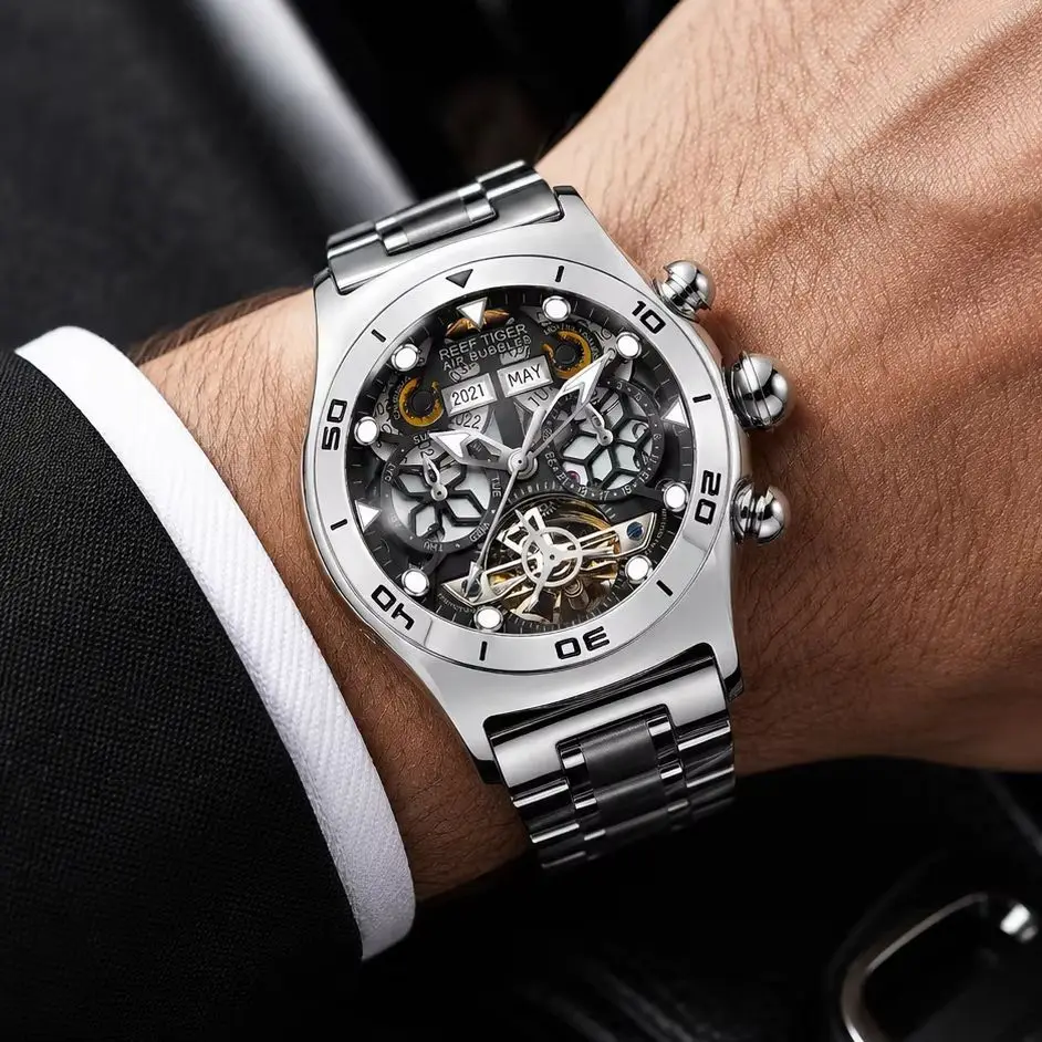 Reef Tiger Men's Automatic Skeleton Watch Luxury Sport Mechanical Wristwatch Luminous Year Month Date Day Display