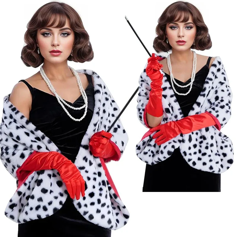 زي Cruella Deville للسيدات، وشاح شال مطبوع عليه دلماسية، أسود وأبيض، زي الهالوين للبالغين للفتيات