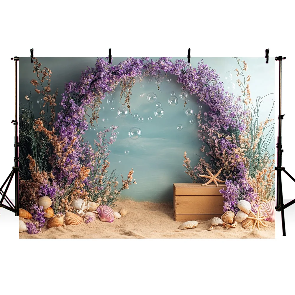 Mehofond Undersea Photography Background Purple Arch Floral Mermaid Treasure Shells Decor Kids Baby Portrait Backdrop