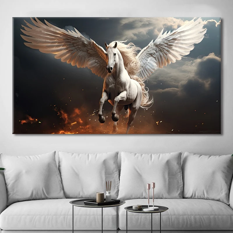 Abstract Horse Pegasus with White Wings Flying Horse lightnings Canvas Painting Magic Horses Posters Prints Living Room Decor