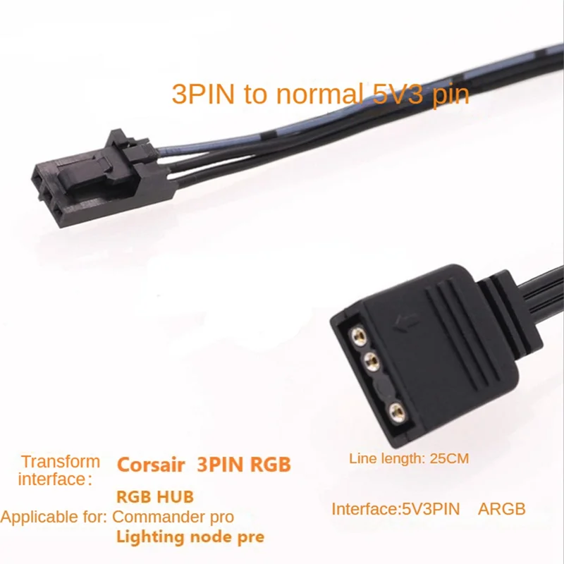 Cable adaptador para Corsair, conector RGB de 3 pines a ARGB estándar de 3 pines y 5V para Corsair Fan/Hub/nodo de iluminación/Commander