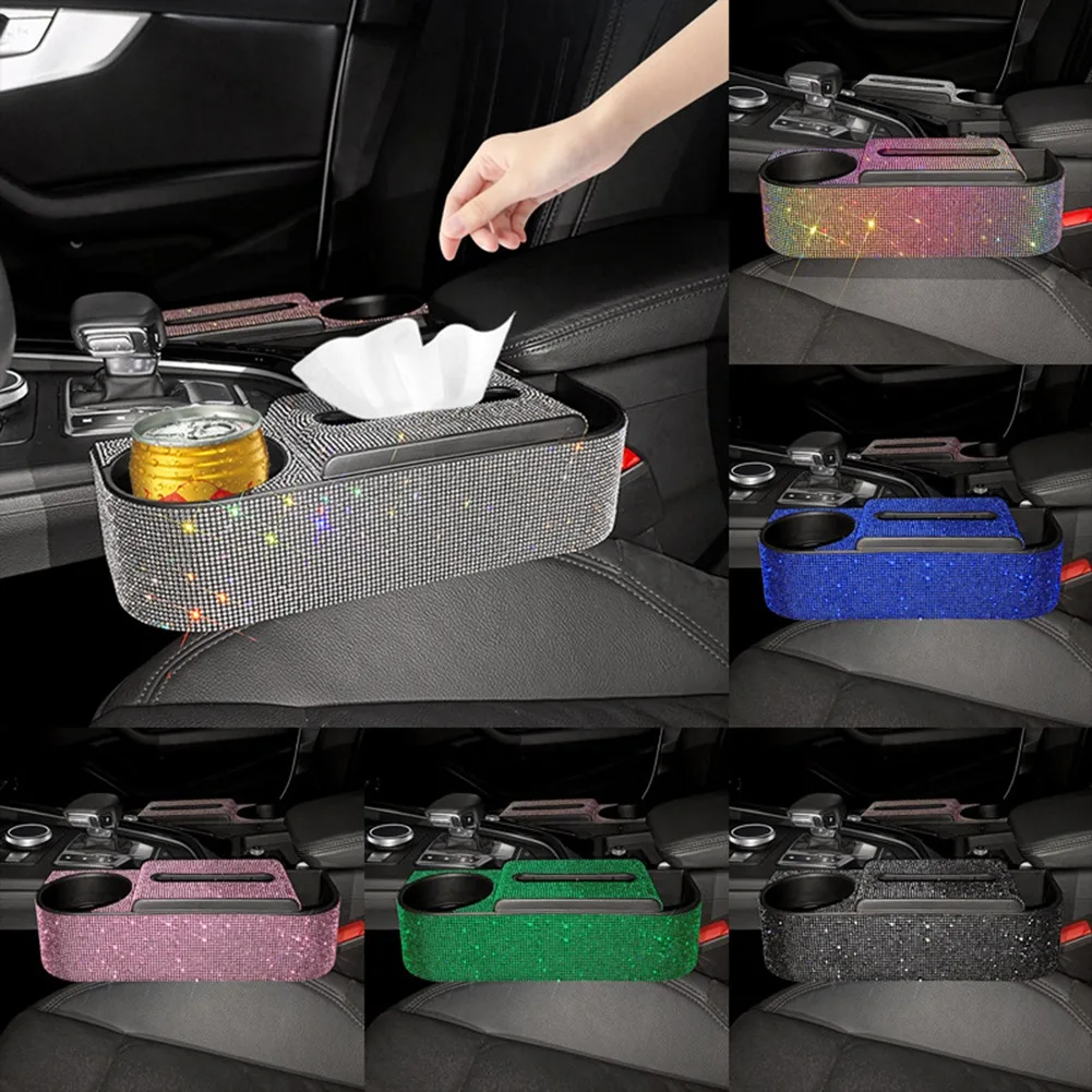 

Pink Bling Car Seat Gap Filler Organizer Crystal Rhinestones Tissue Box Multifunctional Gap Organizer Cup Holder for Wallet