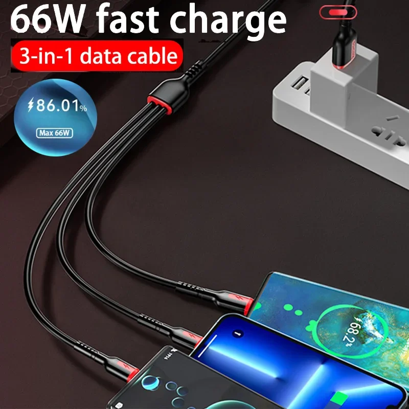 3 In 16W 5A Fast Charging Data Cable 1.2/1.8m Type-c-66W/micro-40W Micro USB FOR Multiple Port Type C Charger USB Charging Cord