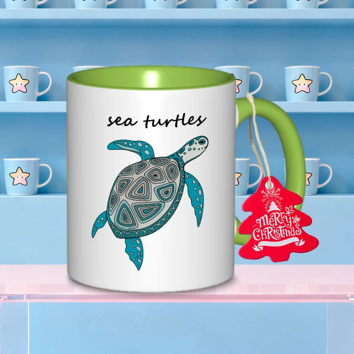 A single turtle-themed ceramic mug, perfect for coffee, tea or water, makes a wonderful Christmas gift and is very practical dur