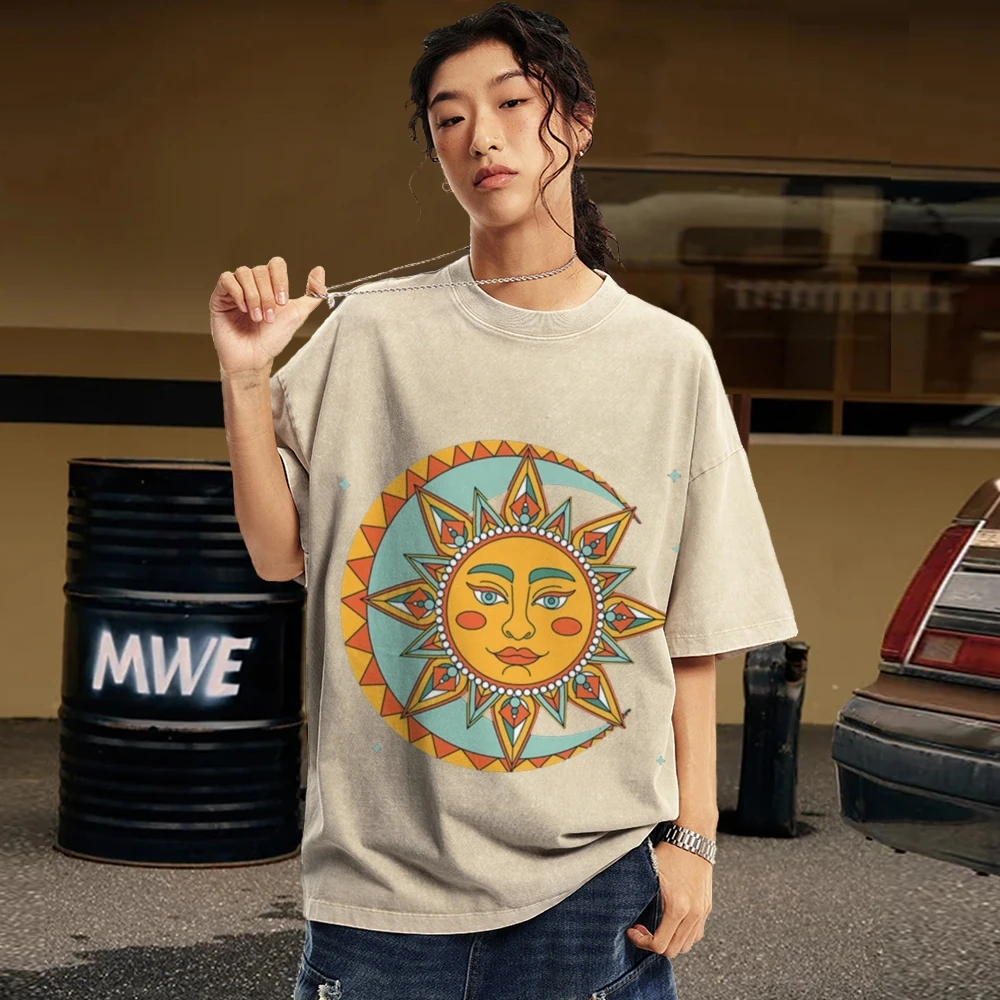 

Y2K Women's Short Sleeve Sun and Moon Printed Ancient Patterns T-shirt Graphic Tops New in Outwears Round Neck Vintage Wash