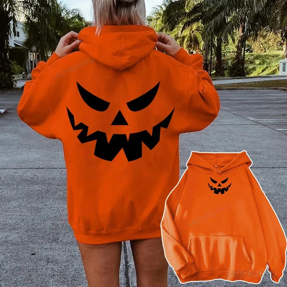 Halloween Pumpkins Orange Hoodies Casual Long Sleeves Hooded Funny Pumpkin Face Sweatshirts Halloween Couple Pullover Tops