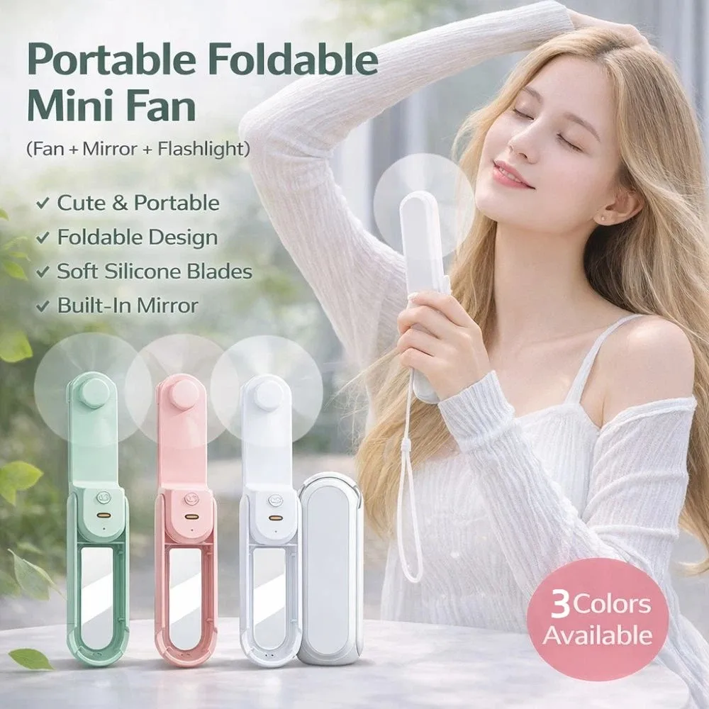 3 IN 1 Handheld Mini Fan 3 Gears USB Rechargeable Folding Flashlight Fan 1200 MAh Lightweight Pocket Silent Fan Summer Outdoor
