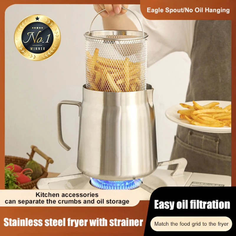 2.2L Household Fryer Stainless Steel with Filter Drain Fryer Household Kitchen Lard Tank Oil Storage Fryer Filter Kettle