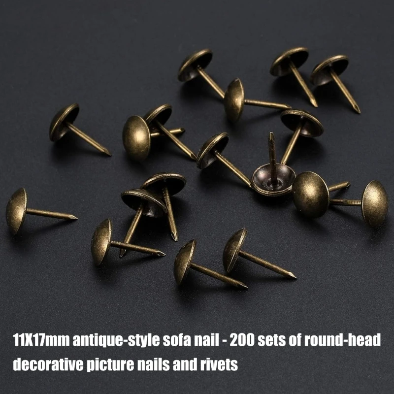 200 Unit Antique Bronze Metal Sofa Nails 11mm Round Head Upholstery Tacks set For Vintage Furniture Design Upgrades