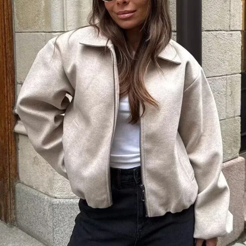 

Стильная повседневная верхняя одежда, ветрозащитный дизайн, осень 202, женская однотонная куртка в стиле ретро, бейсбольное пальто на молнии с пышным подолом